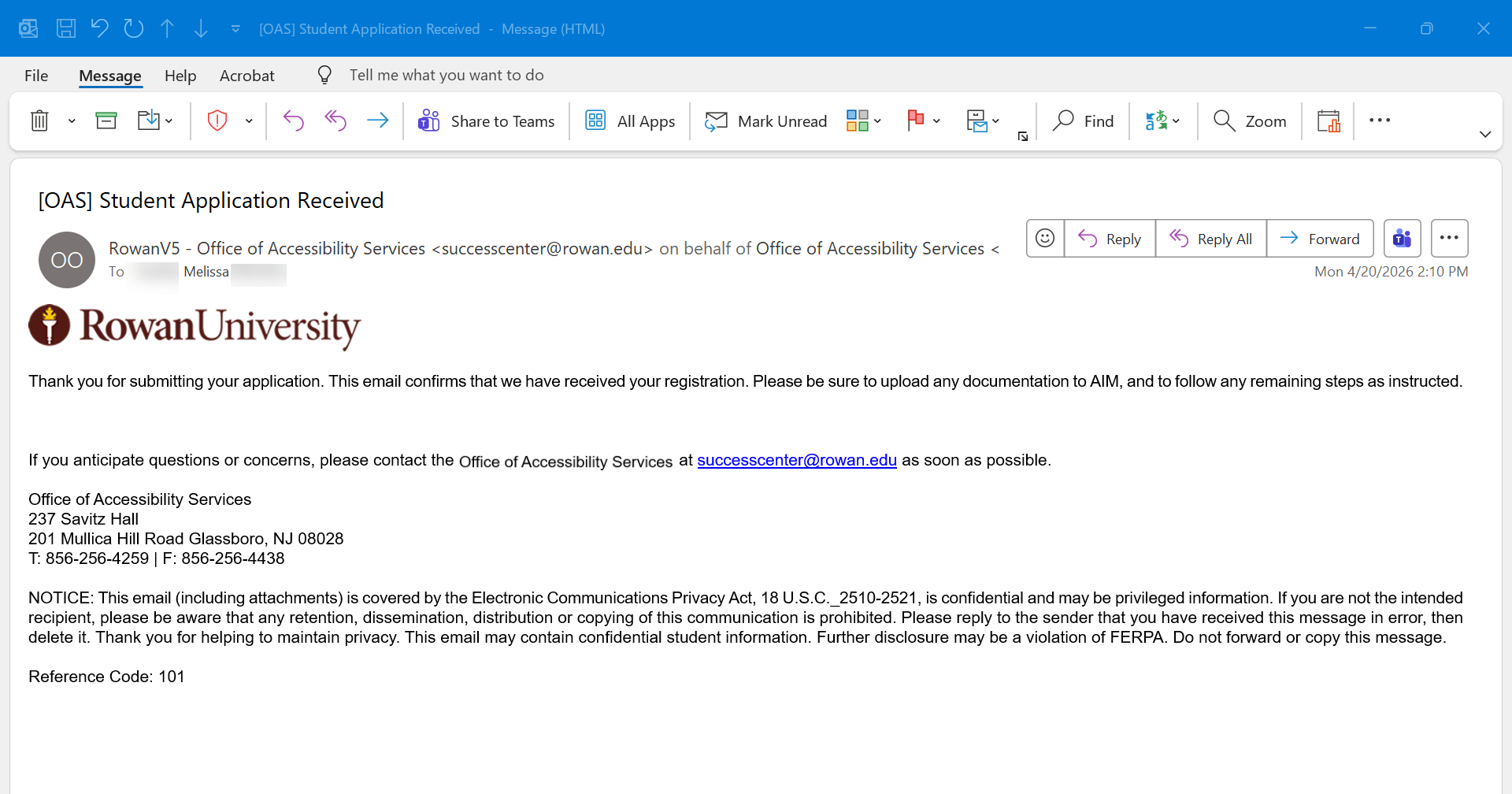 Email confirmation from the Office of Accessibility Services indicating that the student application has been received.
