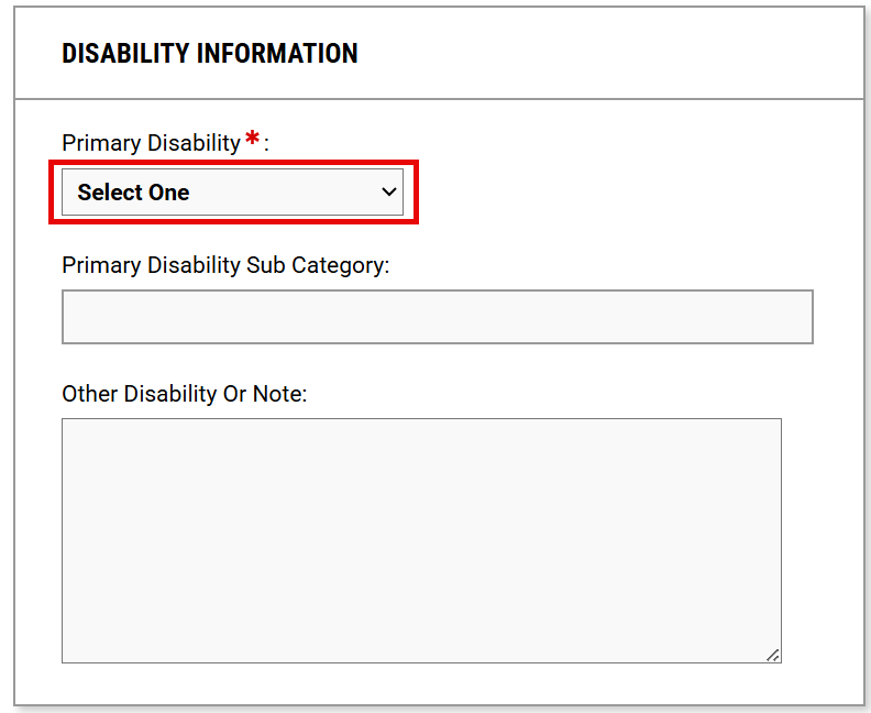 Primary disability section of the form with a red box around the dropdown