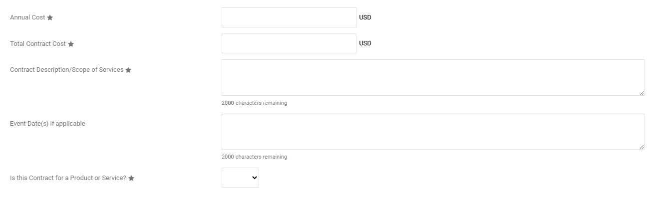 The continued contract request form. it asks for annual cost, total contract cost, contract description, event date(s) if applicable, and if the contract for a product or service.