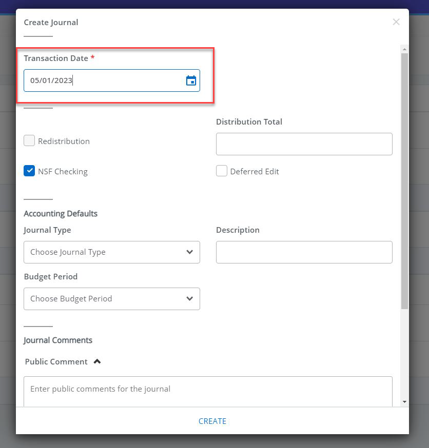 In the Create Journal window the "transaction Date" field has a red box around it