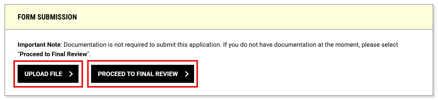 Screenshot with red boxes around upload file and proceed to final review