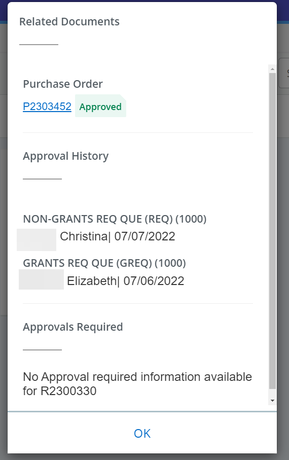 related documents window with PO number and Requisition numbers and ok button