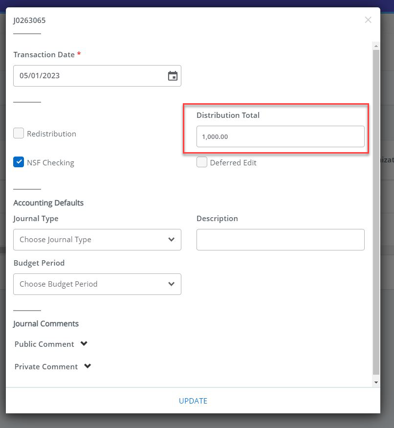 In the Create Journal window the "distribution total" field has a red box around it