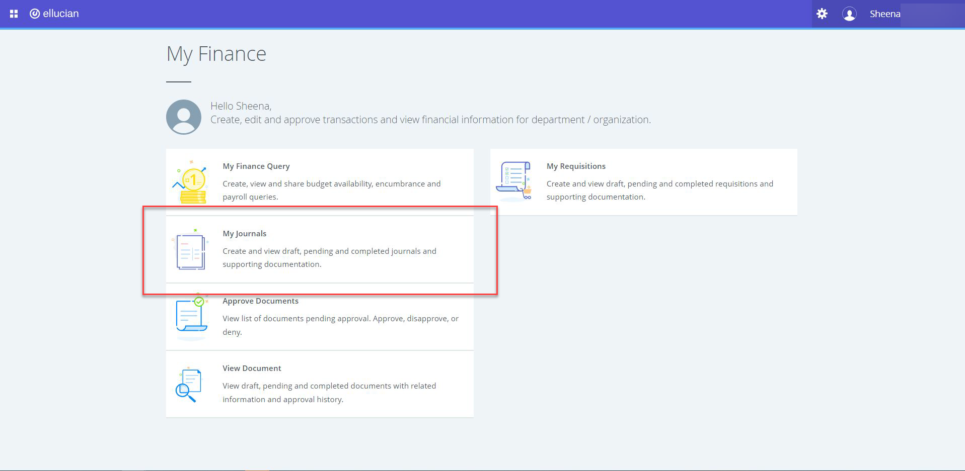 On the my finance page, the "My Journals"link is highlighted in Red