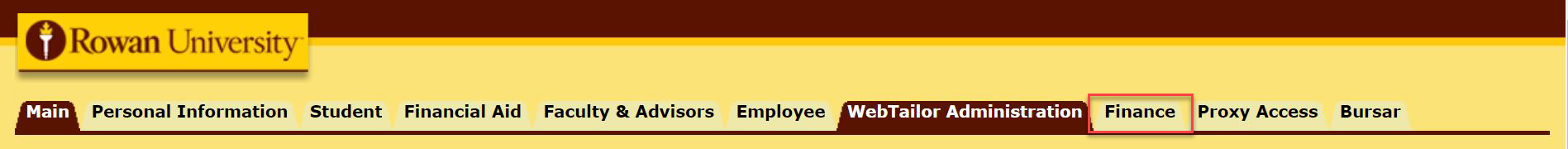 Rowan University Banner tabs with the "Finance" tab highlighted with a red box