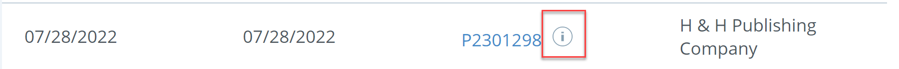 Entry with the purchase order number and a red selection box over the "i" next to it