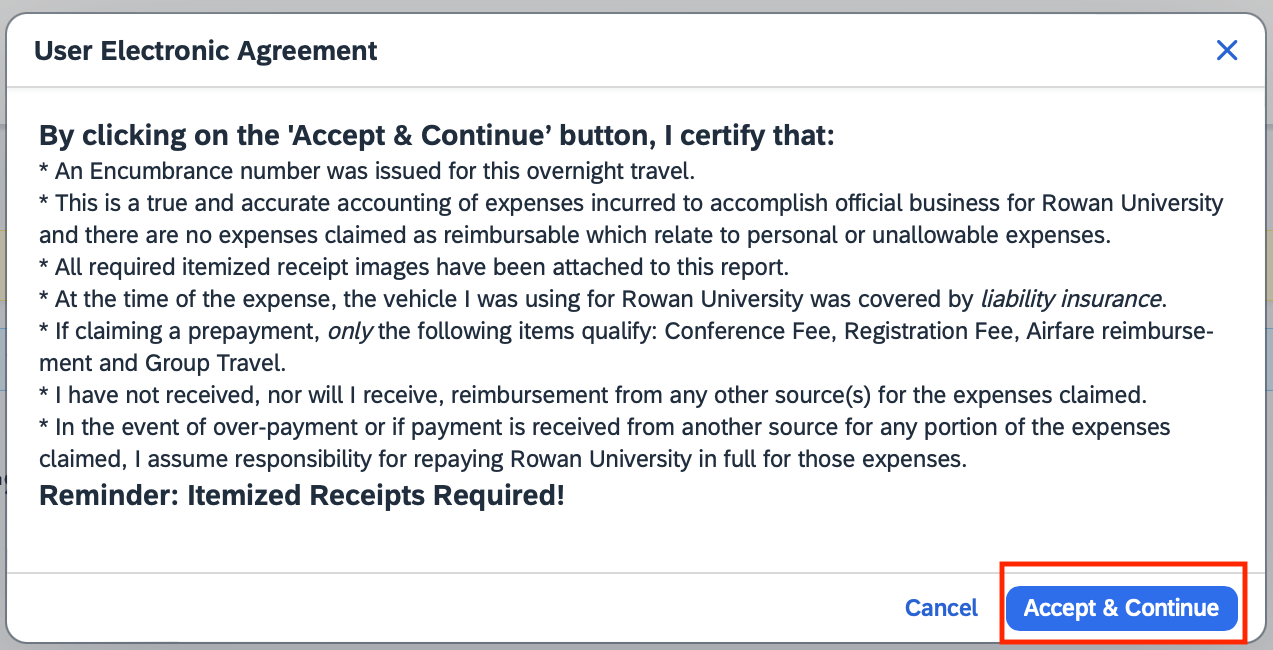 Electronic User Agreement, Accept & Continue