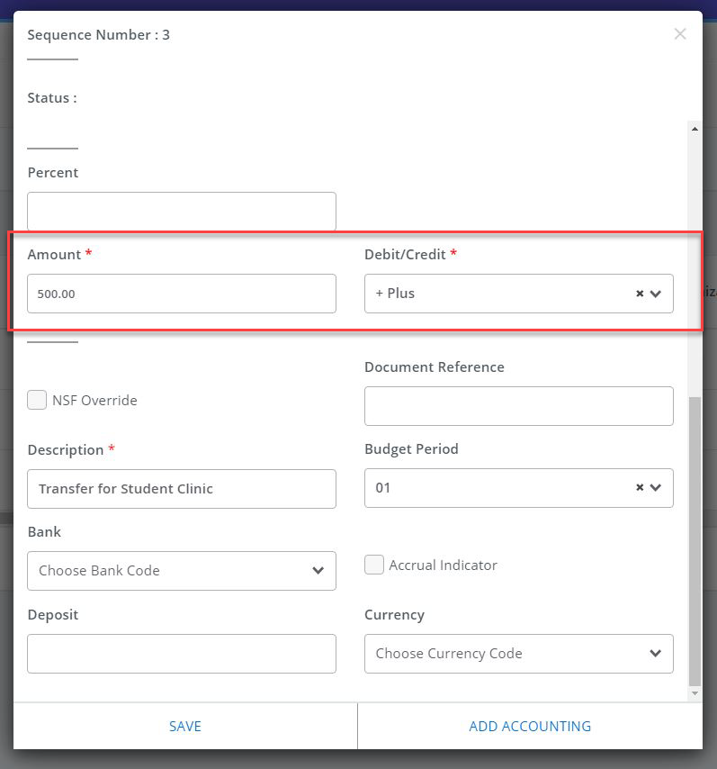 in the sequence 3 window, "amount: 500.00" and Debit/Credit: +Plus" are highlighted in Red