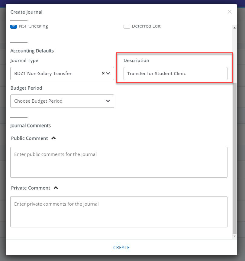 in the create journal screen, the "description" field reads "transfer for student clinic" is entered and highlighted in red