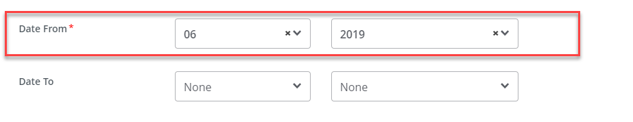 "Date From" field highlighted in red, with 06, 2019 in drop down menus