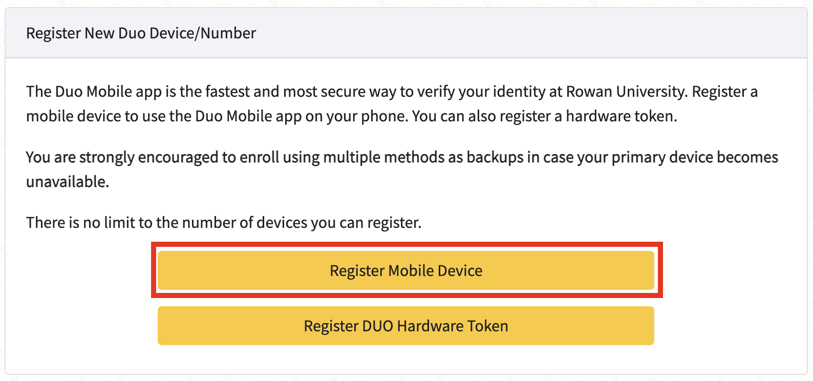 screen showing button to register mobile device