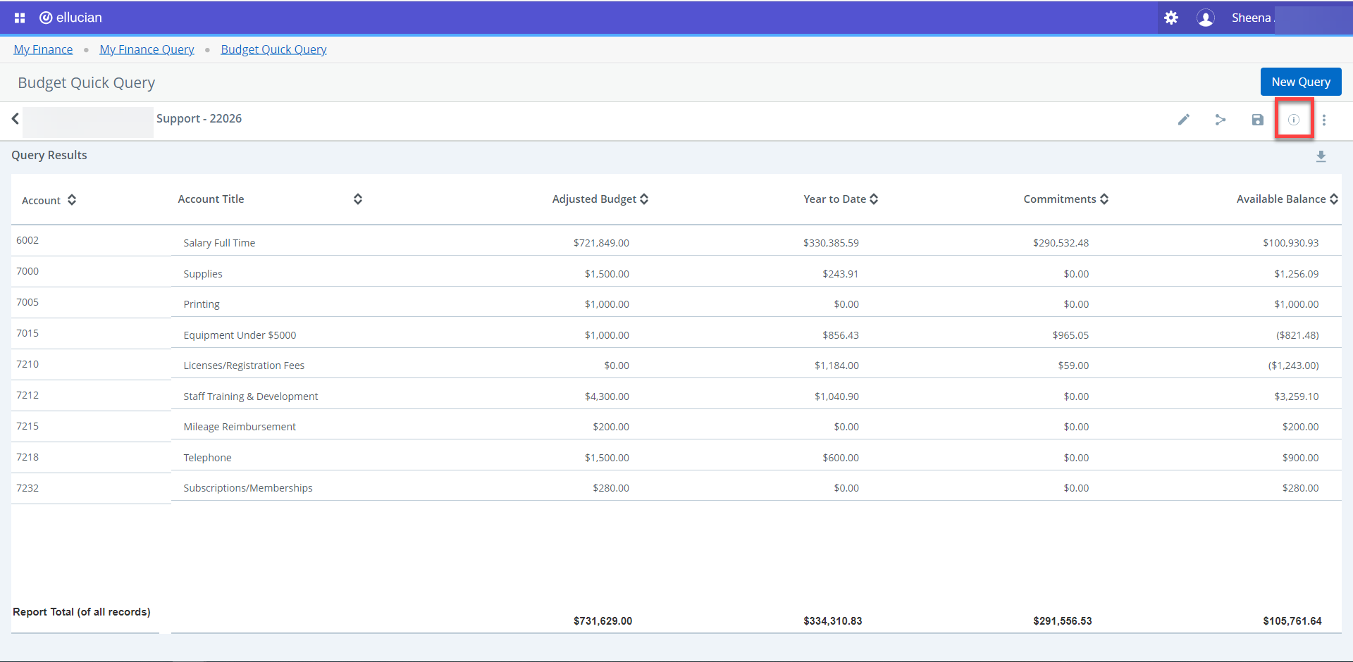 budget quick query screen with the "I" icon highlighted in red in the right upper corner