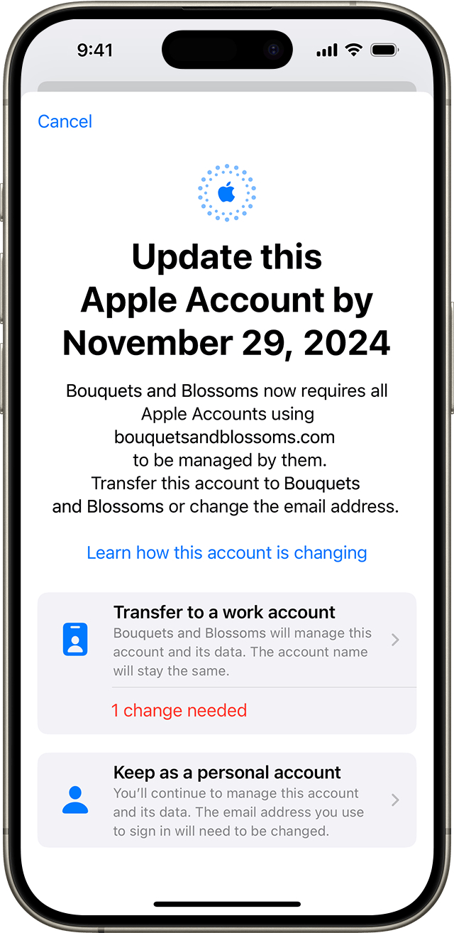 An iPhone screen displaying instructions to update an Apple Account by a certain date, including on-screen options to either transfer to a Rowan University account or to keep as a personal account.