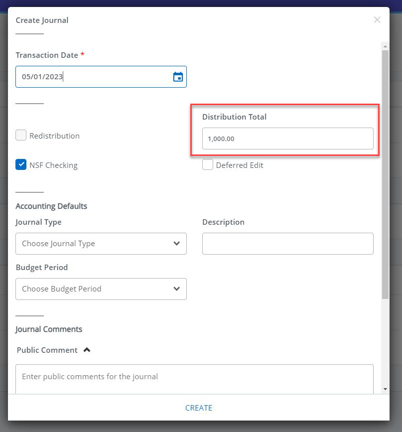 in the create journal screen, the "NSF CHECKING" button is checked off and the "distribution total" is highlighted in red