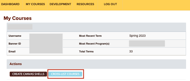 Cross-List Button is highlighted on the My Courses page.