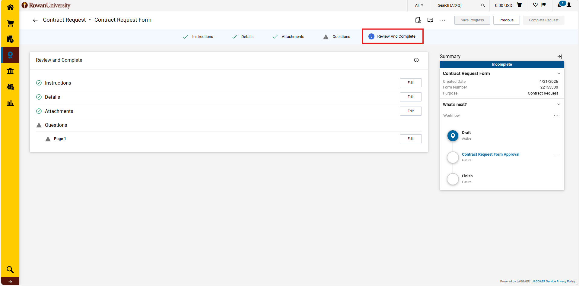 A box around a review and complete tab.