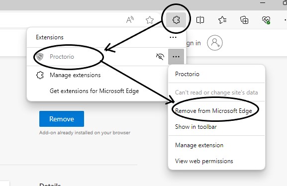 Image showing how to remove Proctorio extension from Edge