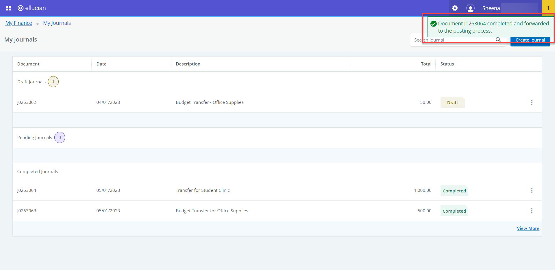 in the my journal screen a green message with "Document J0263064 completed and forwarded to the posting process" is highlighted in red.   