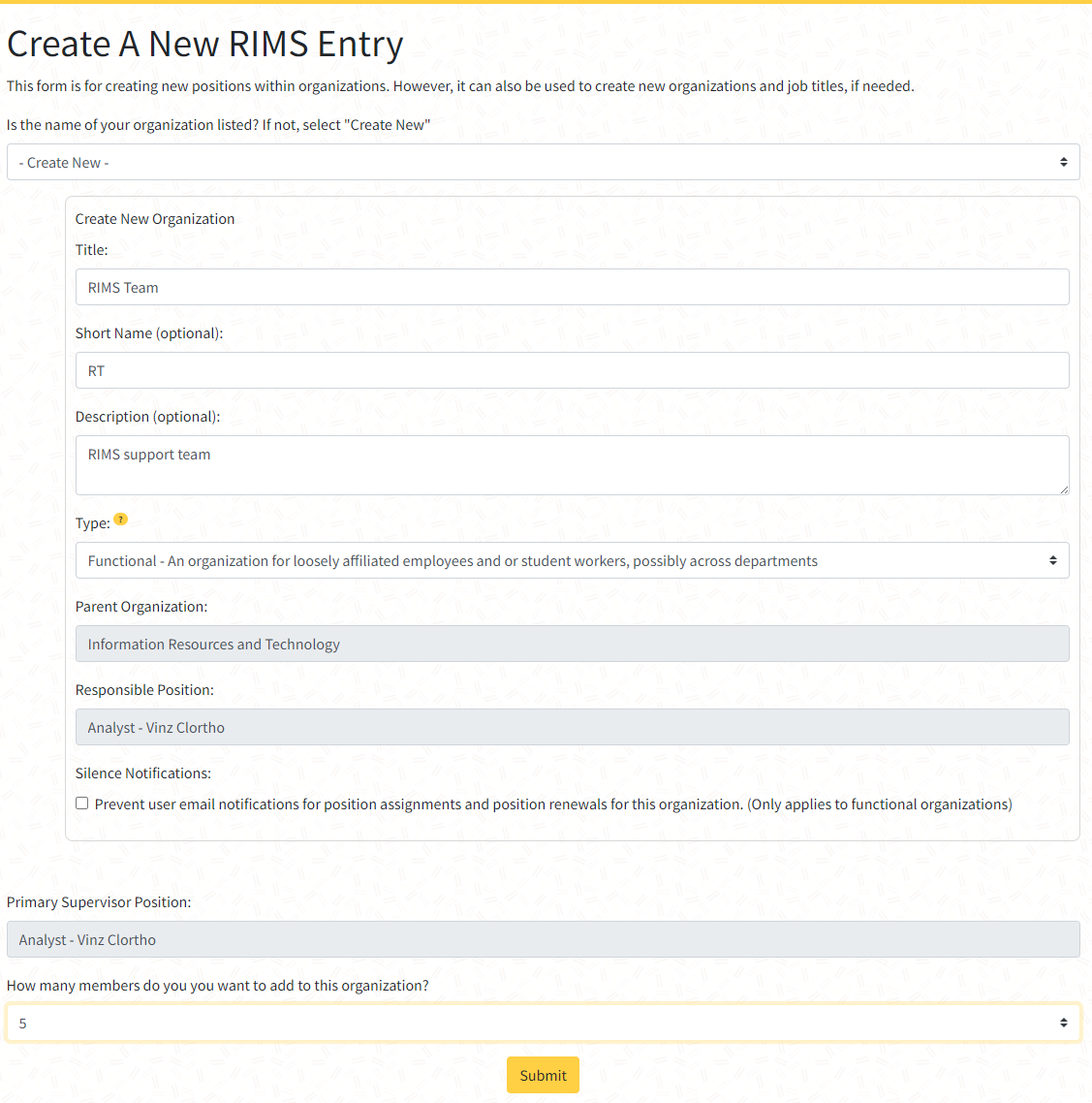 Create a New RIMS Entry