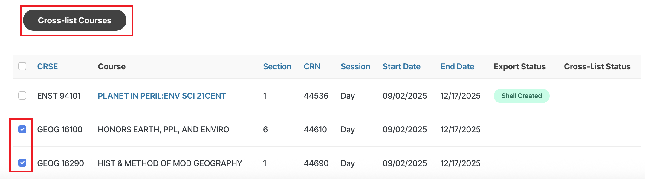 Selct courses for cross-listing