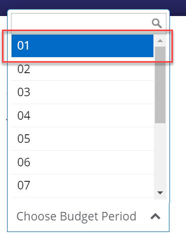 In the choose budget period menu "01" is highlighted with a red box around it