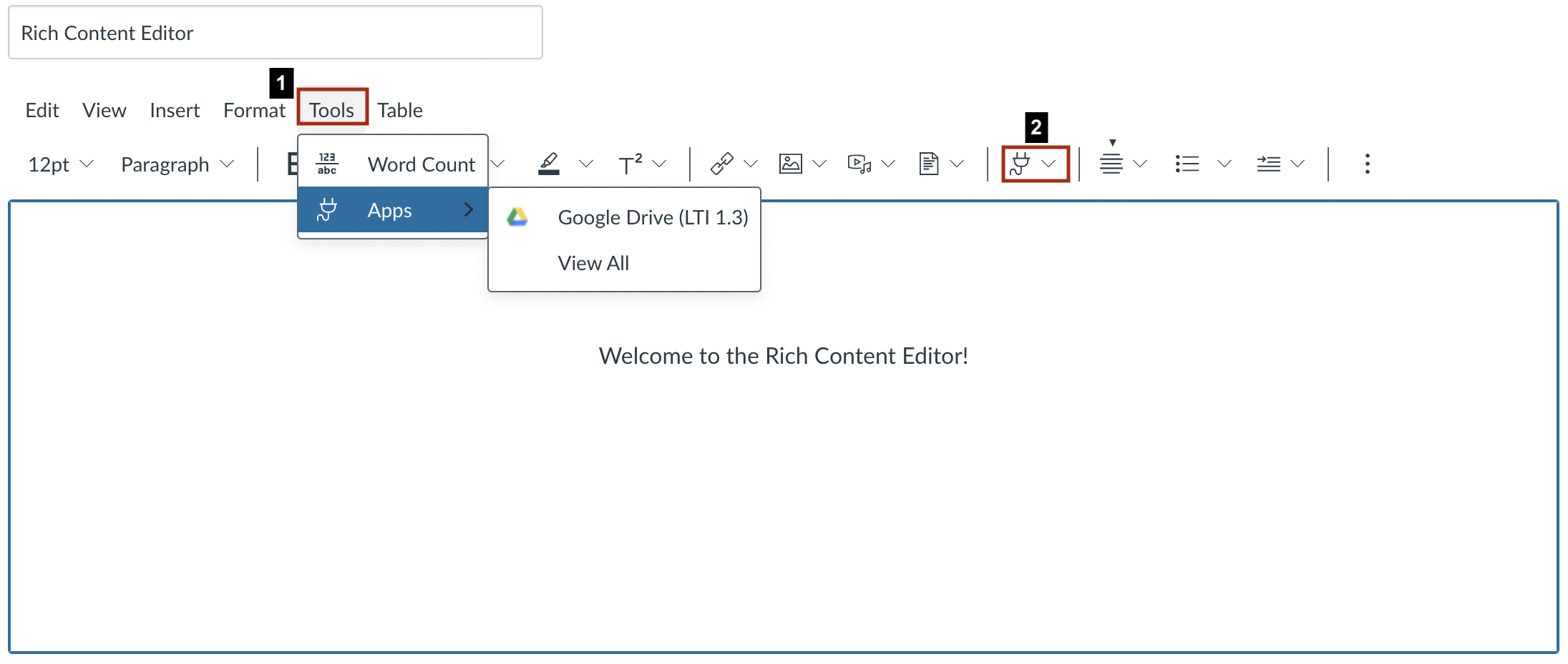 Screenshot showing how to access Google Drive via Tools menu and App Icon within the rich content editor