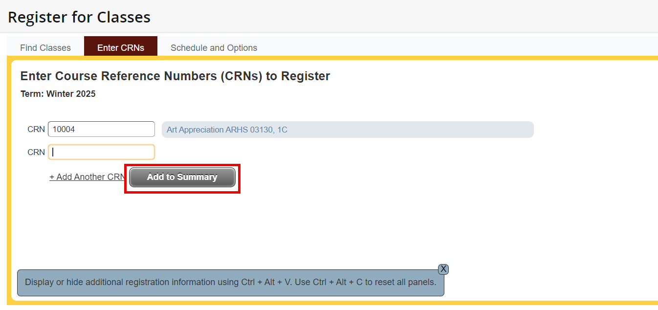 Register for Classes Screen, Enter CRNs Screen Tab, Add to Summary