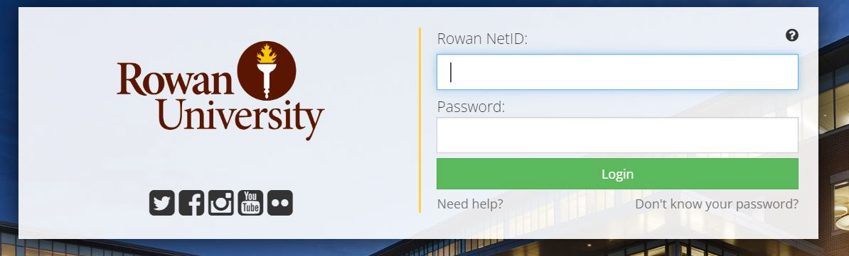 The CAS log in screen with "rowan netID" and "password" fields