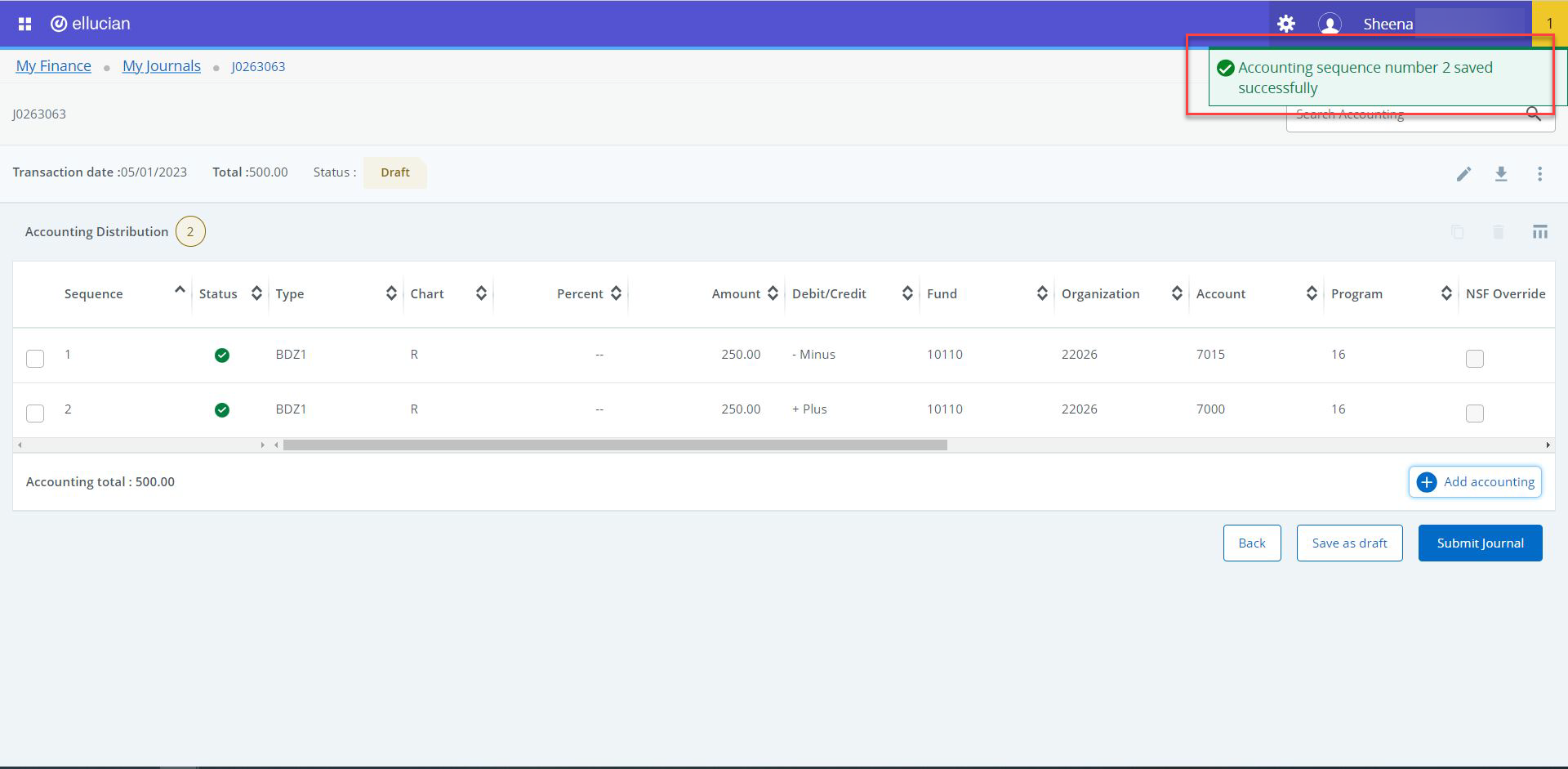 in the my journals screen the message "accounting sequence number 2 saved successfully" highlighted in a red box. 