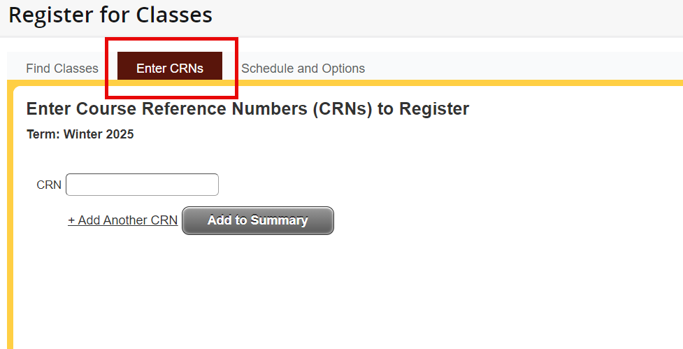 Register for Classes Screen, Enter CRNs