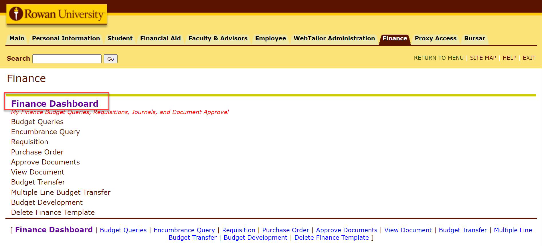 In the Finance section of Self-service Banner, the link to the "Finance Dashboard" is highlighted in red