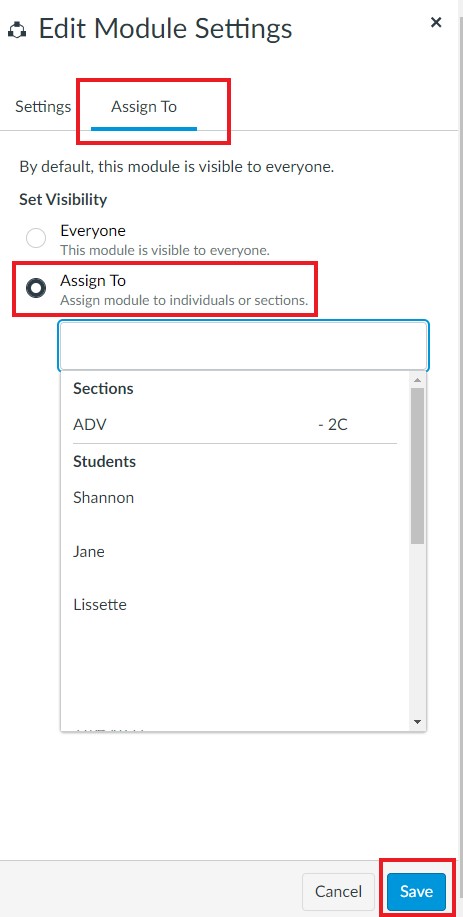 Module Settings Assign To tab with tab, assign to radio button, and Save button in red boxes