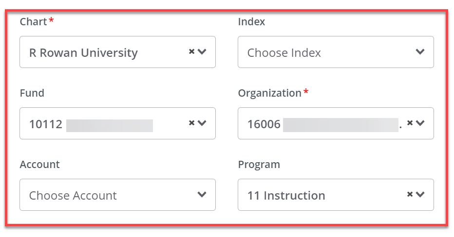Budget quick query fields filled out with the entire box highlighted in red