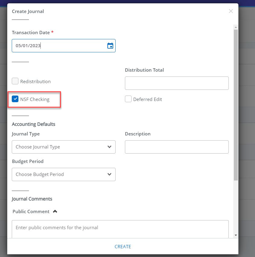 In the Create Journal window the "NSF Checking" field has a checkmark in it and a red box around it