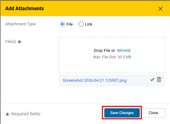 Two attachment type options which are file and link, file is selected. A file titled "Screenshot" being uploaded. There's a box around a save changes button.