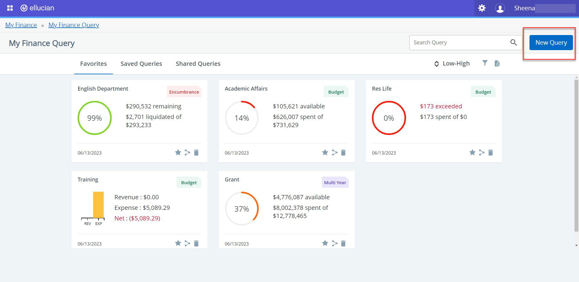 my finance query dashboard with the new query button highlighted in red