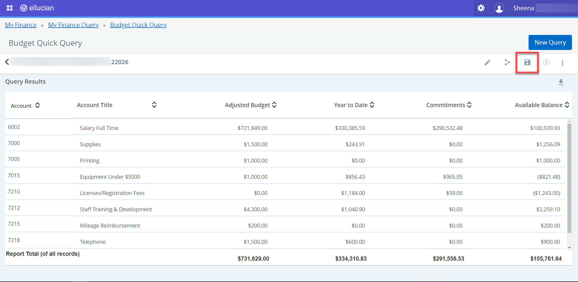 budget quick query screen with the save icon highlighted in red in the top right corner