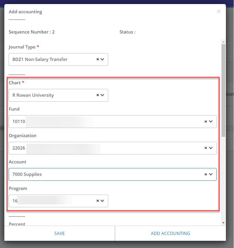 The FOAPAL info screen with the fields: Chart, Fund, Organization, Account, and Program