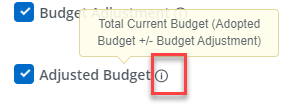 Adjusted budget checked off with an "I" in a circle highlighted in red