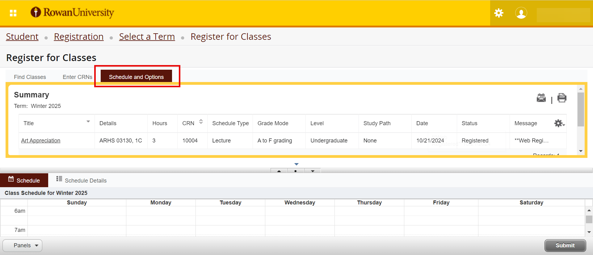 Register for Classes Screen, Schedule and Options Tab