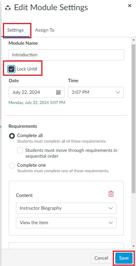 Edit Module Settings slide out menu shown with Settings tab, Lock Until checkbox, and Save button in red boxes