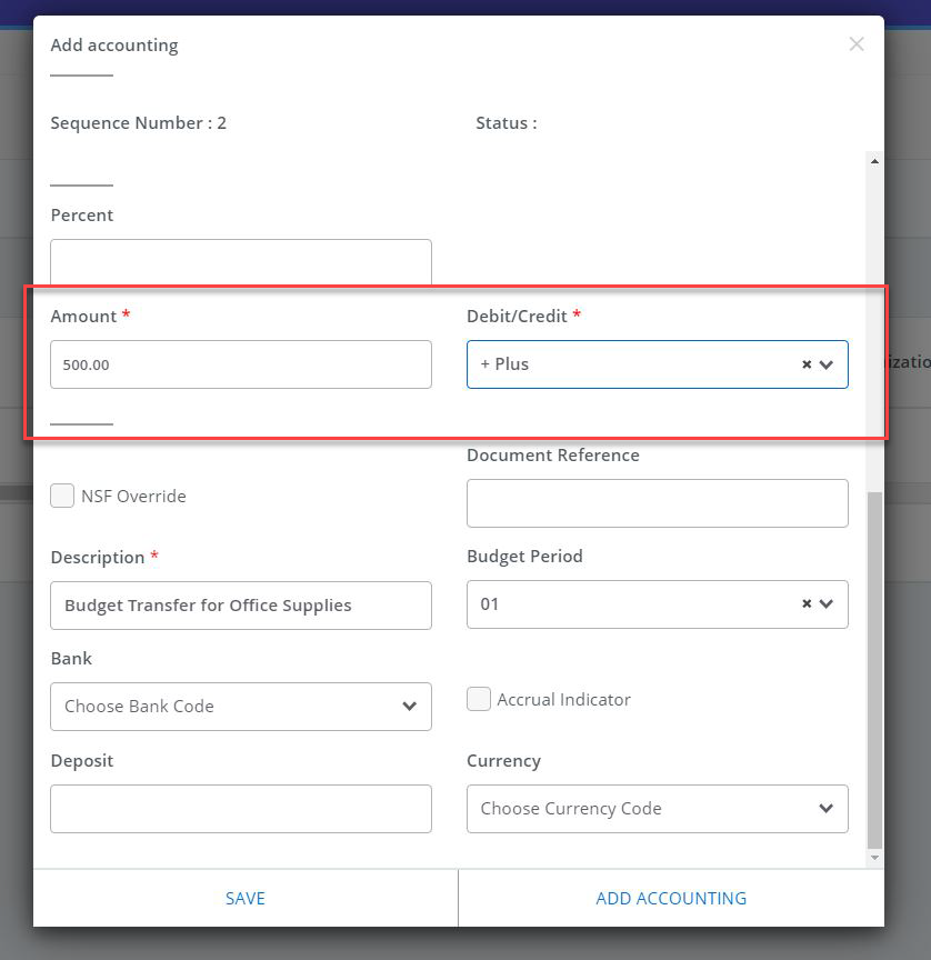 in the add accounting screen the fields "amount" and "Debit/Credit" sections highlighted in red