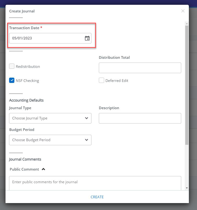 in the create journal screen, the Transaction date is highlighted in red