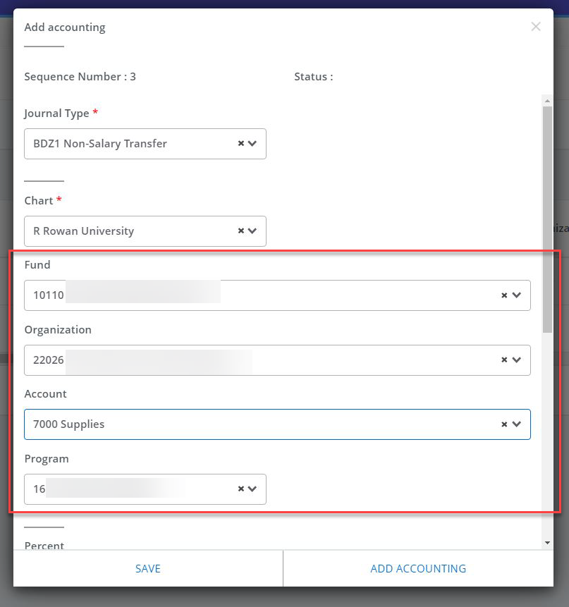 in the add accounting screen, the fields are filled in for "Chart, Fund, Organization, Account, and Program"