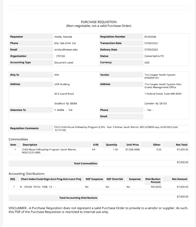 Example of a purchase requisition