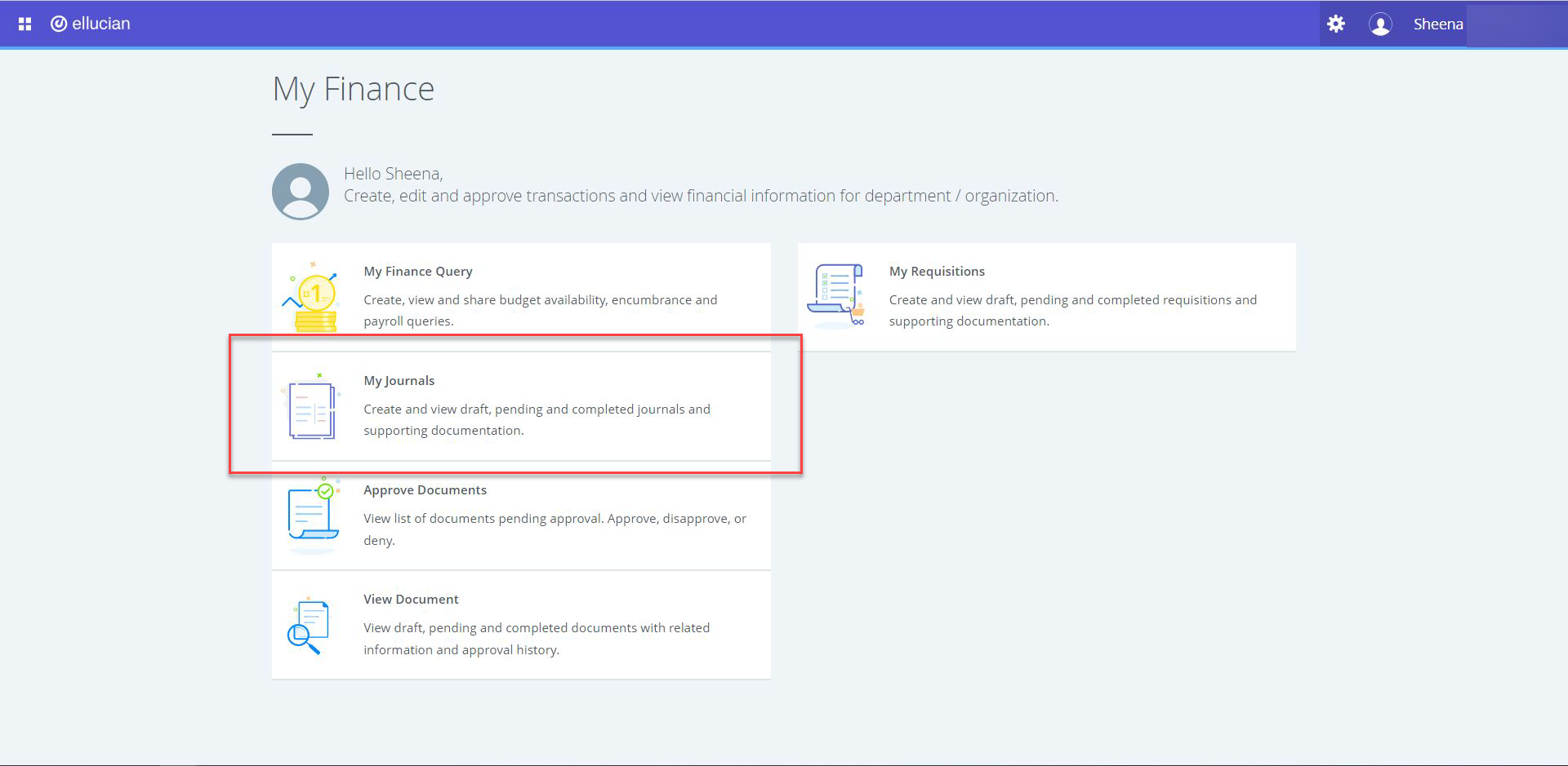 in the my finance module, the "My Journals" section is highlighted with a red box