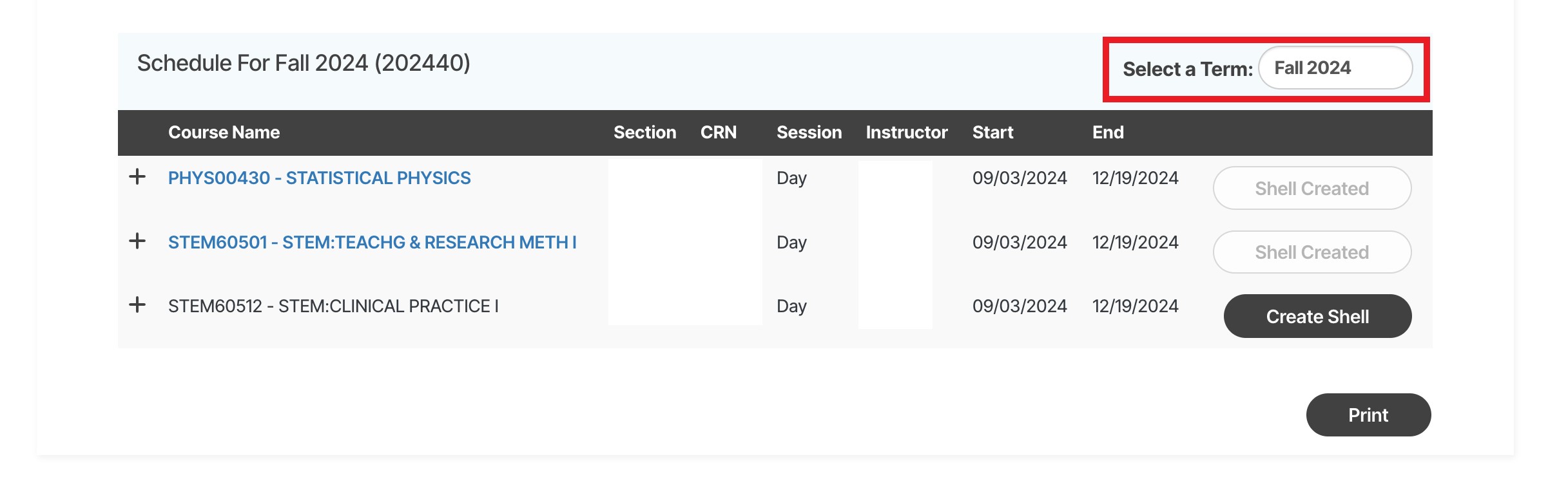 Image showing scheduling with Select a Term boxed in red