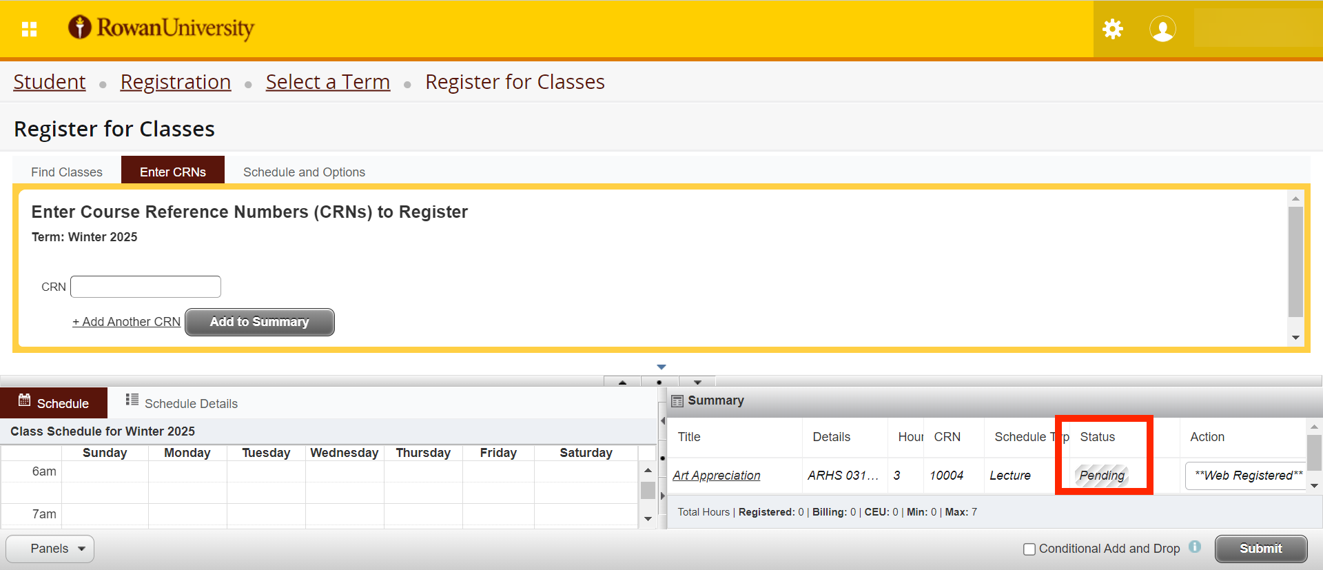Register for Classes Screen, Pending Status