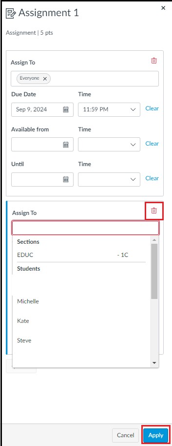 Assignment Assign to slide out menu with second assign to option chosen and delete, assign to, and Save button in red boxes