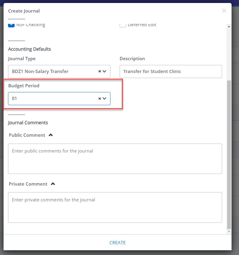in the create journal screen, the "budget period" drop down menu is on "01" and is highlighted in red